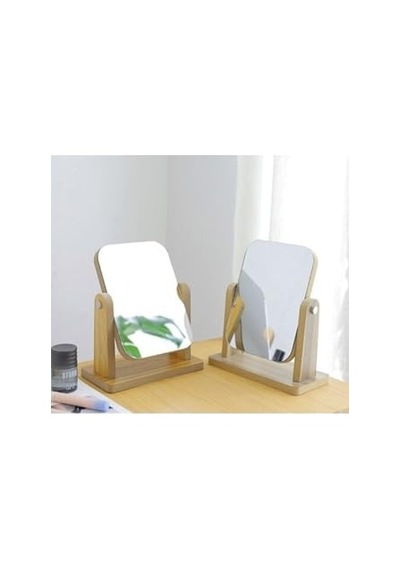 Masaüstü Standlı Makyaj Aynası 18x13cm Masaüstü Ayna Ahşap Tasarım Ayna Açık Bej