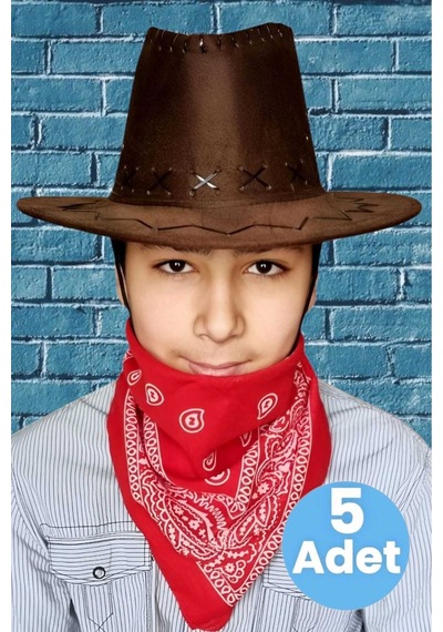 Uniquetrenders Çocuk Unisex Bandanalı 5'li Nubuk Kovboy Şapkası 8-14 Yaş Kahverengi 2