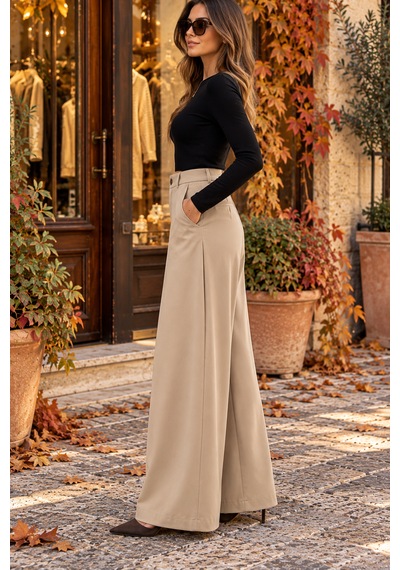 Fast Perry Camel Milano Palazzo Yüksek Dökümlü Pantolon