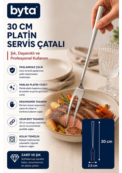 30 Cm Paslanmaz Çelik Platin Servis Çatalı Uzun Saplı Profesyonel Sunum Ve Servis Çatalı Gri