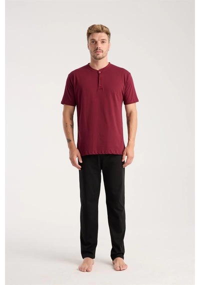 Erkek Bordo Düğmeli Yaka Kısa Kol Pijama Takımı Bordo