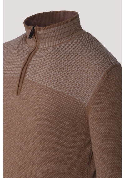Erkek Triko Yarım Fermuarlı Camel Slim Fit Desenli Pamuklu Knitwear Ncs Jeans 3709 Camel