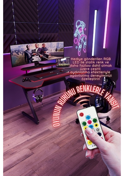 Profesyonel Rgb Ledli Oyuncu Masası 140 75 70 Cm Bilgisayar Masası Gamer Çalışma Masası Antrasit