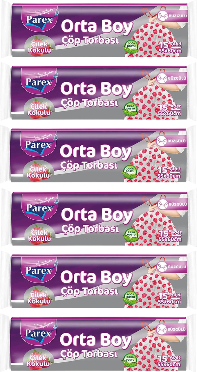 Premium Büzgülü Çöp Torbası Çilek Kokulu Orta Boy 15'li 55 X 60 Cm Altılı Paket