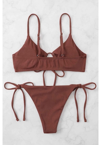 Angelsin Rib Dokulu Ön Ve Yan Bağcık Detaylı İpli Brezilya Bikini Takımı Kırmızı