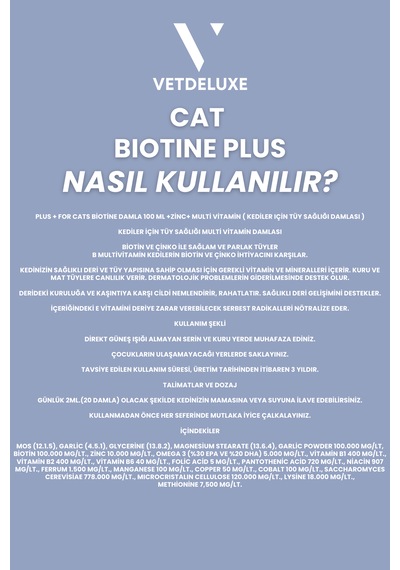 Vetdeluxe Biotine Kedi Tüy Dökülmesi Engelleyen Deri ve Tüy Sağlığı Damlası 100 ML