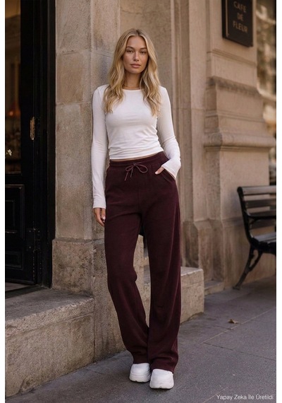 Kadın Bordo W6-35 Flare Fit İnce Fitilli Esnek Velvet Kadife Kumaş Pantolon
