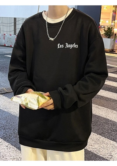 Unisex Oversize Los Angeles Baskılı Bisiklet Yaka Sweatshirt Siyah