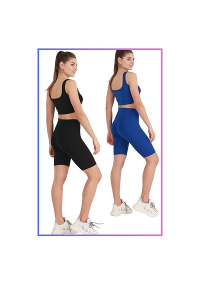 Missmaral Kadın Yüksek Bel Toparlayıcı Şort Tayt Siyah & Mavi 2'li Paket Lycralı Biker Shorts 21070 Siyah - Mavi