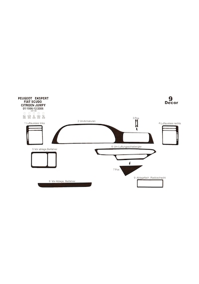 Peugeot Expert Scudo Jumpy Torpido Kaplama 1996-2006 9 Parça Koyu Meşe