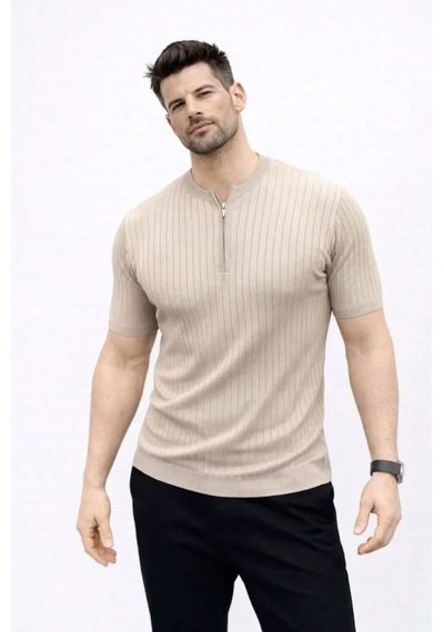 Defymoda Erkek Kısa Kol Fitilli Triko T-shirt Yazlık Hakim Yaka Tişört - Bej