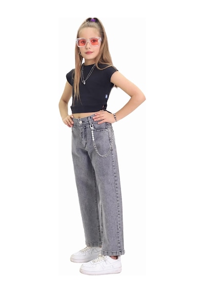 Gzt Tekstil Kız C Ocuk Pantolon Metalik Zincir Detaylı Bol Paça Kız Çocuk Kot Pantolon 6-15 Yaş Denim