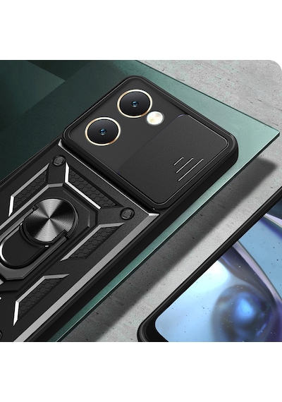 Techaks Vivo Y18 Kılıf Magnetik Standlı Kamera Korumalı Zore Sürgülü Vega Kapak - Mavi Mavi
