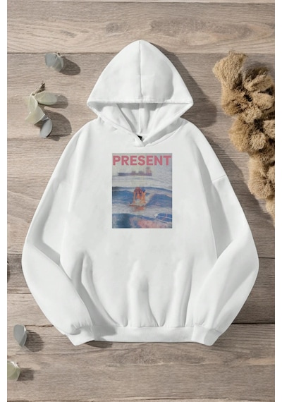 Present Baskılı Oversize Sweatshirt Beyaz