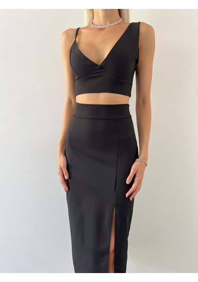 Hgfashion V Yaka Crop Yüksek Bel Yırtmaçlı Midi Etek Duarte Kadın Siyah İkili Takım Siyah