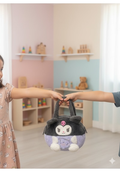 Peluş Sevimli Karakterli El Çantası Yumuşak Oyuncak Görünümlü Çocuk & Genç Çantası 5 Renk Siyah - Mor