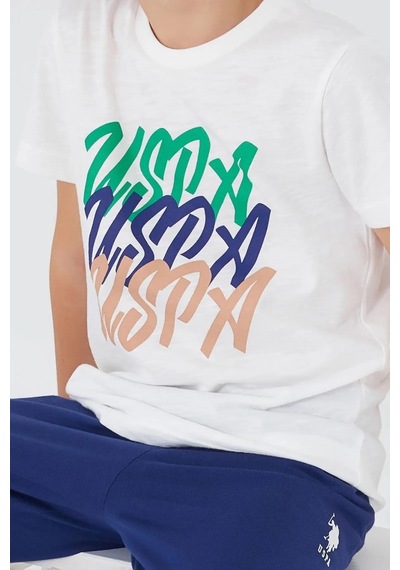 U.s. Polo Assn. 1315 Erkek Çocuk Writing Kısa Kol Pijama Takım Krem