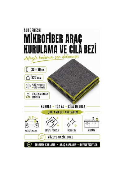 Oto Mikrofiber Yıkama Kurulama Cila Kalın Bez 30 X 30 320 Gsm Gri Renk Araba Temizlik Bezi