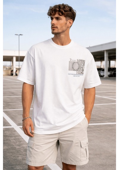 Oversize Erkek Tişört Baskılı Pamuklu Rahat Kesim Streetwear Yazlık Basic T-shirt Beyaz