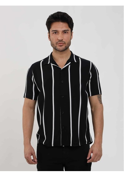 Dufy Siyah Erkek Regular Fit Çizgili Düğmeli Yaka Kısa Kol Gömlek - 94940-siyah Siyah