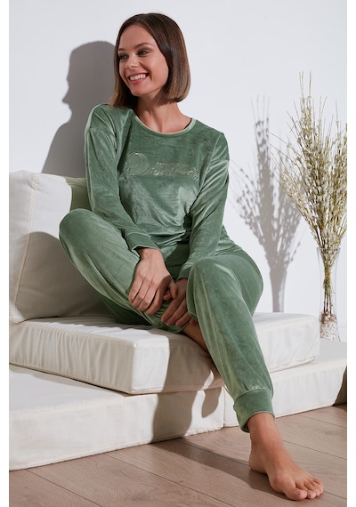 Lela Standart Fit Bisiklet Yaka Yumuşak Kadife Bayan Pijama Takımı 6094202 Mint