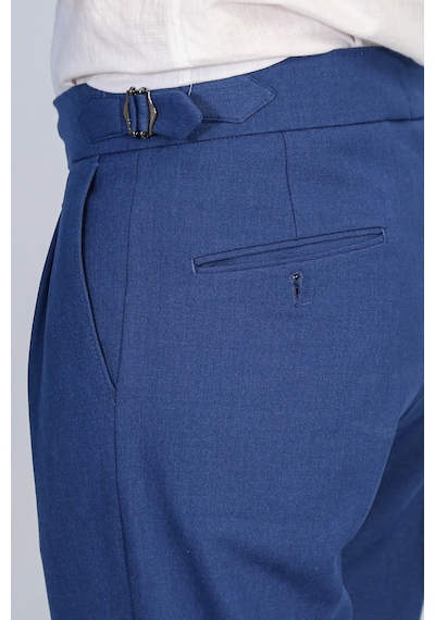 Saks Mavisi Çift Pileli Tokalı Yüksek Bel Slim Fit Pantolon Wessi Koyu Mavi