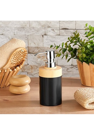 Bersachef Limpia Bambu Desenli 5'li Banyo Seti Çöp Kovası Sıvı Sabunluk Diş Fırçalık Kutusu Banyo Seti Siyah