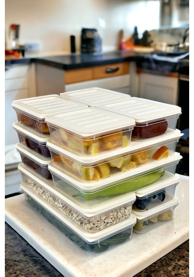 12 Adet Fitbox Saklama Kabı Buzdolabı Ve Buzluk Düzenleyici Hava Geçirmez Set Krem Kapak