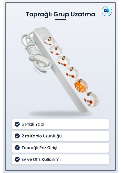 6 Prizli Topraklı Grup Uzatma Kablosu 2 M Çoklu Cihaz Bağlantılı