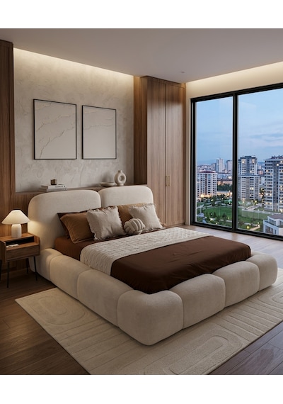 Most Cosmo Premium Bazalı Karyola Beyaz Bukle Kumaş Yatak İçindir 160 x 200 CM