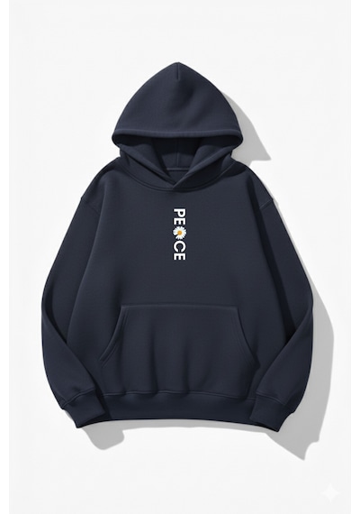 Uyguntarz Unisex Yumuşak Dokulu Peace Baskılı Tasarım Oversize 3 İplik Hoodie Sweatshirt Indigo