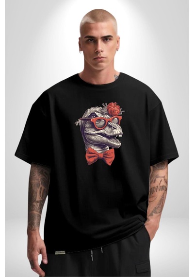 Kırmızı Gözlük Papyon Dinazor Pamuklu Bisiklet Yaka Unisex Oversize Boyfriend Dijital Baskılı Siyah T-shirt Siyah