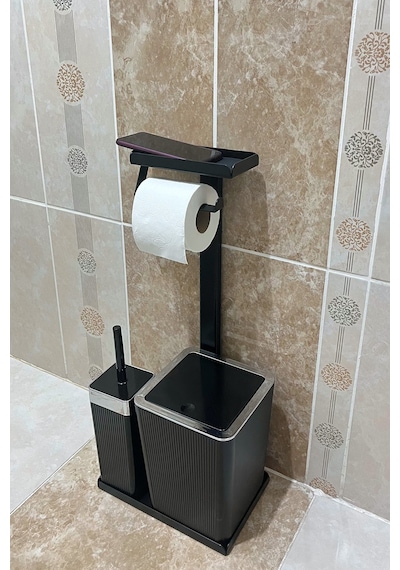 6 Parça Banyo Seti Çöp Kovası, Wc Fırça, Tuvalet Kağıtlık, Diş Fırçalık, Sıvı Sabunluk, Sabunluk Krom - Siyah