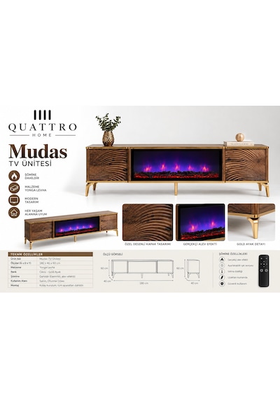 Mudas Elektrikli Şömineli Tv Ünitesi 180 Cm Ceviz Gold Modern Dalgalı Kapaklı Tv Sehpası