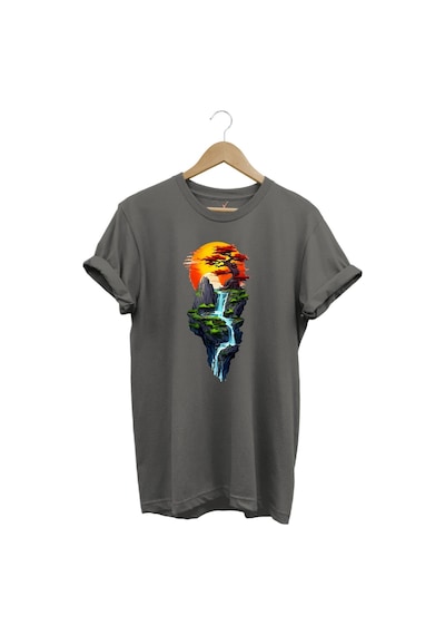 Manzara Ağaç Güneş Dağ Ve Nehir Baskılı %100 Pamuk Regular Fit Bisiklet Yaka Gri T-shirt Gri