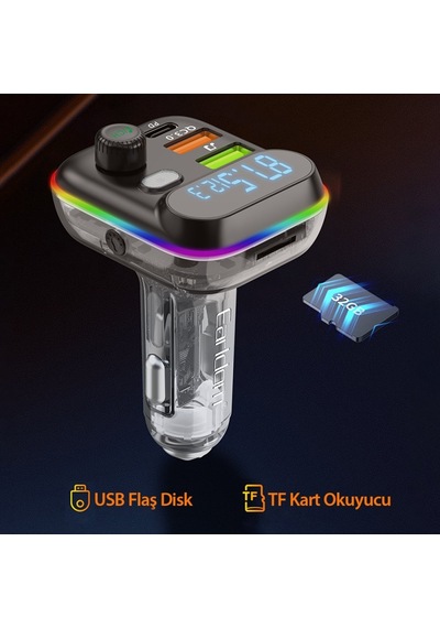 Earldom M80 Bluetooth Usb3.0 Ve Type C Pd Hızlı Şarj Fm Transmitter - Siyah