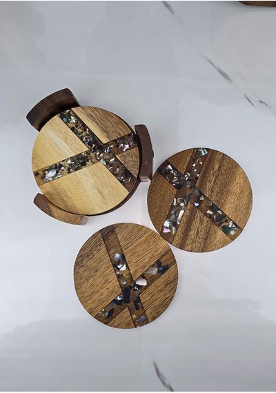 Akasya 4lü Bardak Altlığı - Stantlı Çay Tabağı Takımı - 5 Parça, 11 Cm Kahverengi