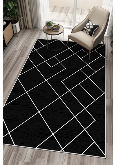 West Home Dijital Baskı Yıkanabilir Kaymaz Taban Siyah Salon Halısı Mutfak Halısı Yolluk Wh 533 Black