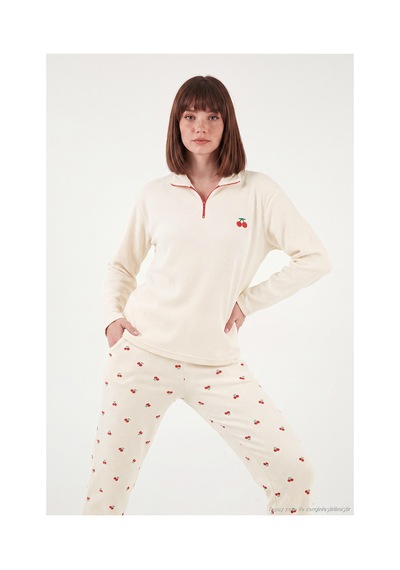 Lela Desenli Yumuşak Dokulu Yarım Fermuarlı Dik Yaka Pijama Takımı Kadın Pijama Takımı 6575017 Krem