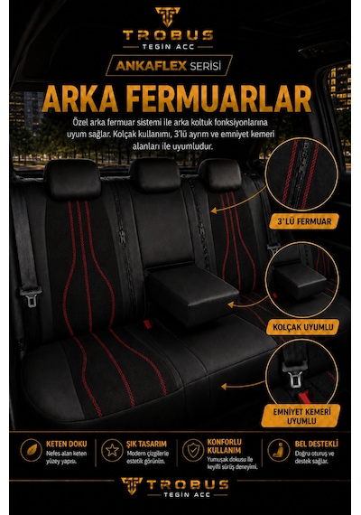 Mg Hs 2018+ Uyumlu Ankaflex Bel Destekli Keten Deri Siyah Kırmızı Koltuk Kılıfı