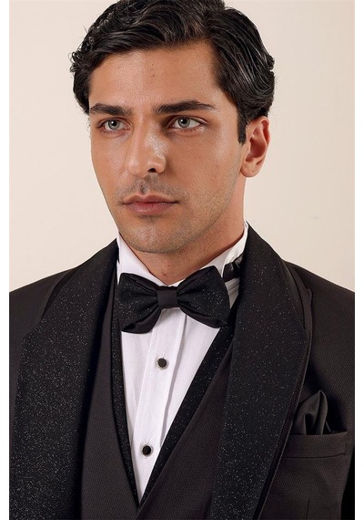 İmza Siyah Desenli Çıkarılabilir Şal Yaka Yelekli 6 Drop Slim Fit Smokin Damatlık Takım 1001230203-Siyah İmza Siyah Desenli Çıkarılabilir Şal Yaka Yelekli 6 Drop Slim Fit Smokin Damatlık Takım 1001230203-Siyah