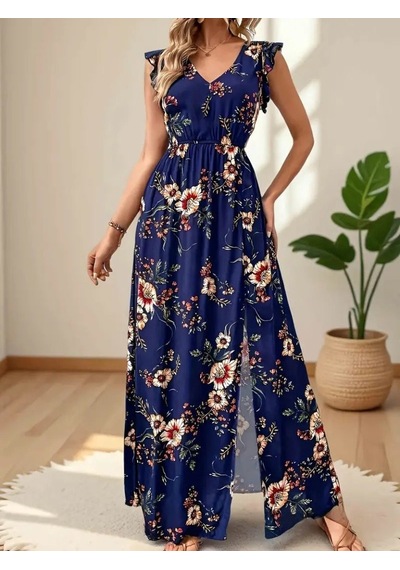 Efnaz Style Kadın Kısa Kollu V Yakalı Yırtmaçlı Çiçek Desenli Süprem Elbise Lacivert