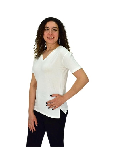 Kadın Yarım Kol V Yaka Likralı Tişört Bgl-st04651 Beyaz
