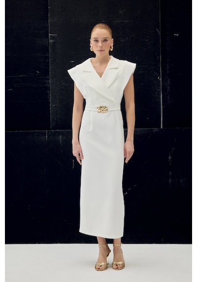 Sateen Aksesuar Detaylı Maxi Elbise - Ekru-137077 Ekru