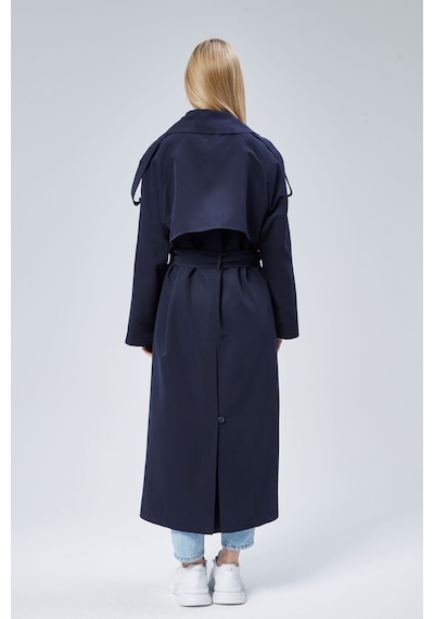 Kadın Oversize Astarlı Uzun Trençkot Lacivert