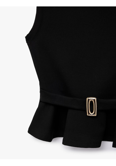 Koton Slim Fit Kolsuz Bisiklet Yaka Kemerli Peplum Bluz Siyah 6sak10193ek Siyah