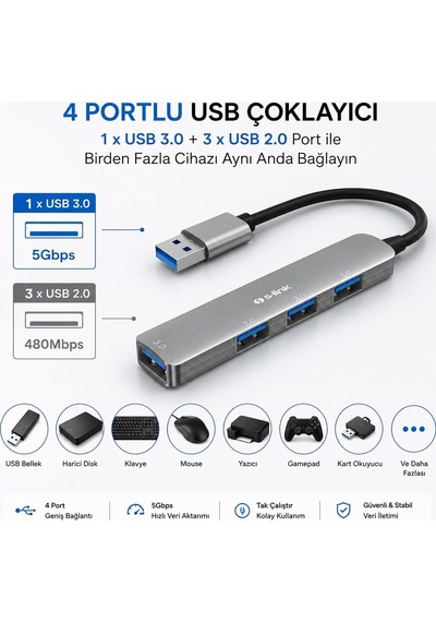 S-link Sw-u333 Usb Hub 4 Port Metal Usb Çoklayıcı, 1x Usb 3.0 + 3x Usb 2.0, 5gbps Hızlı Veri Aktarımı, Slim Alüminyum Tasarım, Tak Çalıştır Usb Çoğaltıcı Hub, Laptop Pc Uyumlu
