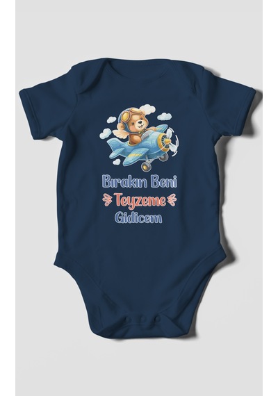 Morivokids Bırakın Beni Teyzeme Gideceğim Kısa Kollu Bebek Body %100 Pamuk Lacivert