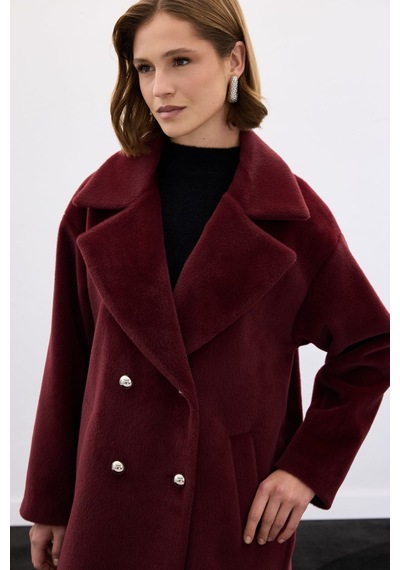 Sateen Uzun Düğme Detaylı Kaban - Bordo-138137