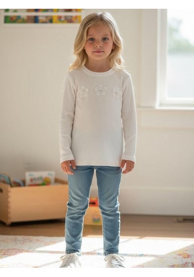 Zekids Kız Çocuk Çiçek Desenli Fitilli Uzun Kollu T-shirt-16385 Ekru